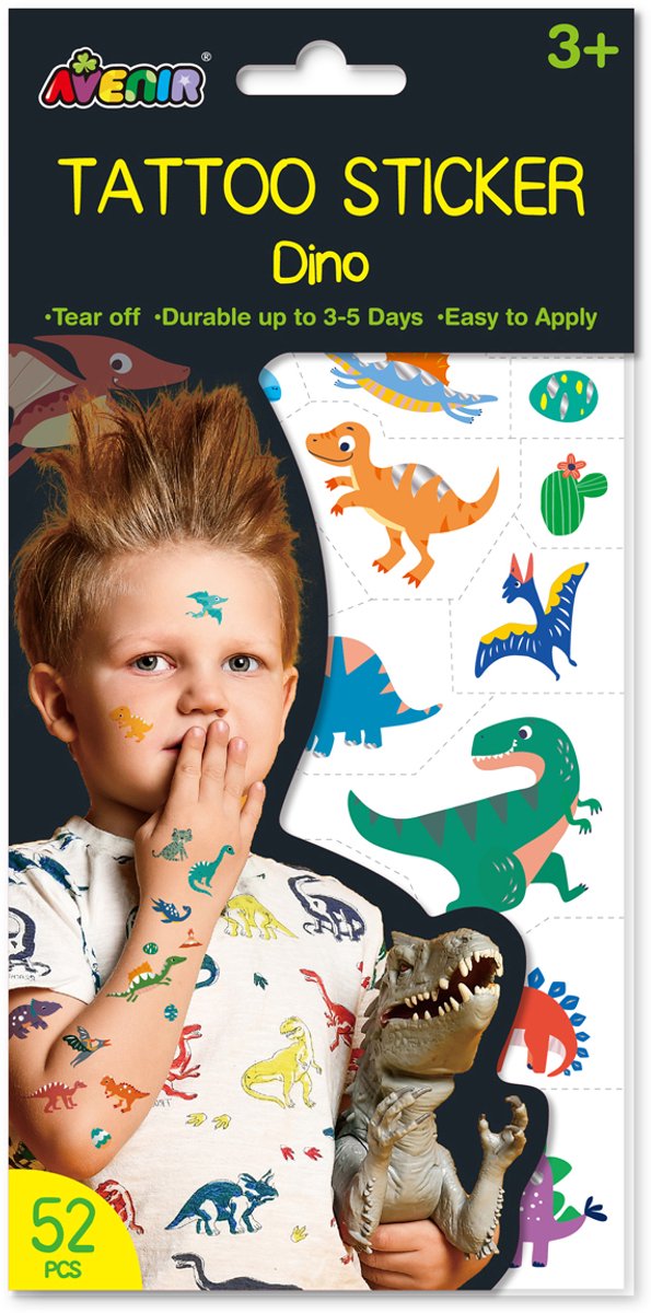Avenir tattoo stickers - dinosaurus - 52 stuks - blijft 3 tot 5 dagen - 3 jaar afbeelding