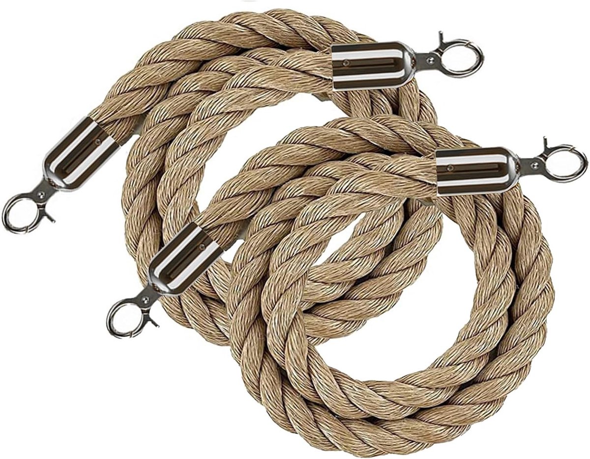 Afzetkoorden 2 stuks - Zilverkleurige touwen - Mensenmassa controleren - Metalen haken - 12 meter lang - Gedroogd hennep