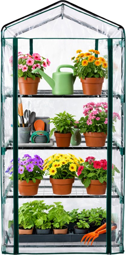 Transparante kas met vier niveaus, gevuld met kleurrijke bloemen, groene planten, gereedschap en een groene gieter.