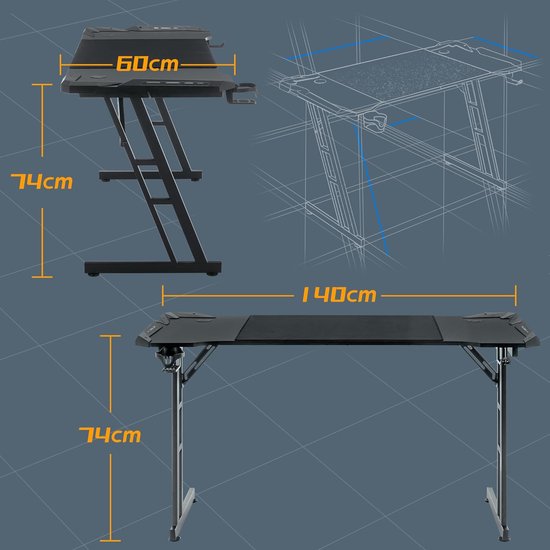 Gamingtafel Bureau - Speeltafel Computertafel - Intensief Gamers - Z-Frame Stabiliteit - 140x60cm - Zwart met RGB — afbeelding 5