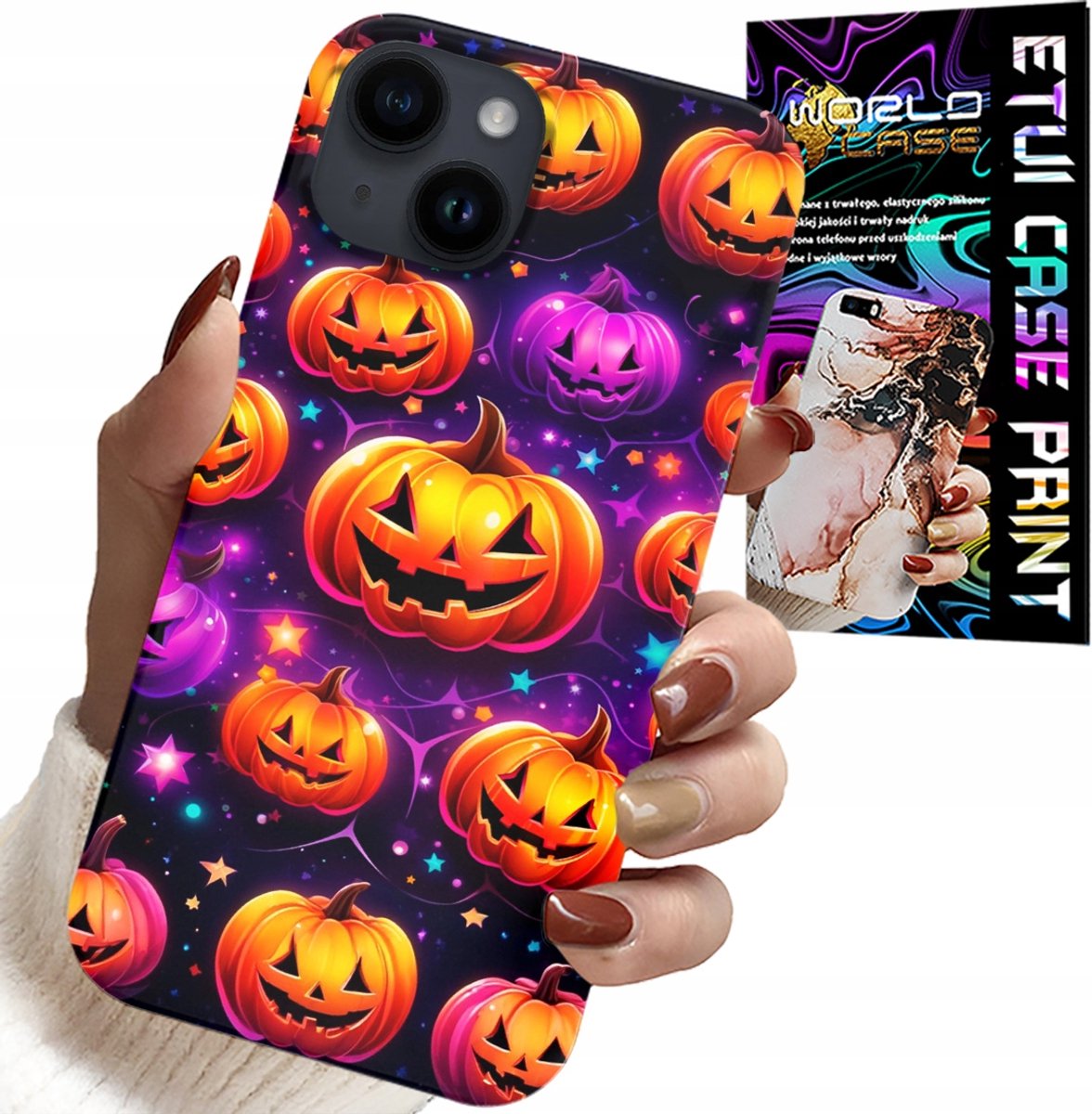 iPhone 15 Plus hoesje - Halloween, Salem, griezelige pompoenen, patronen