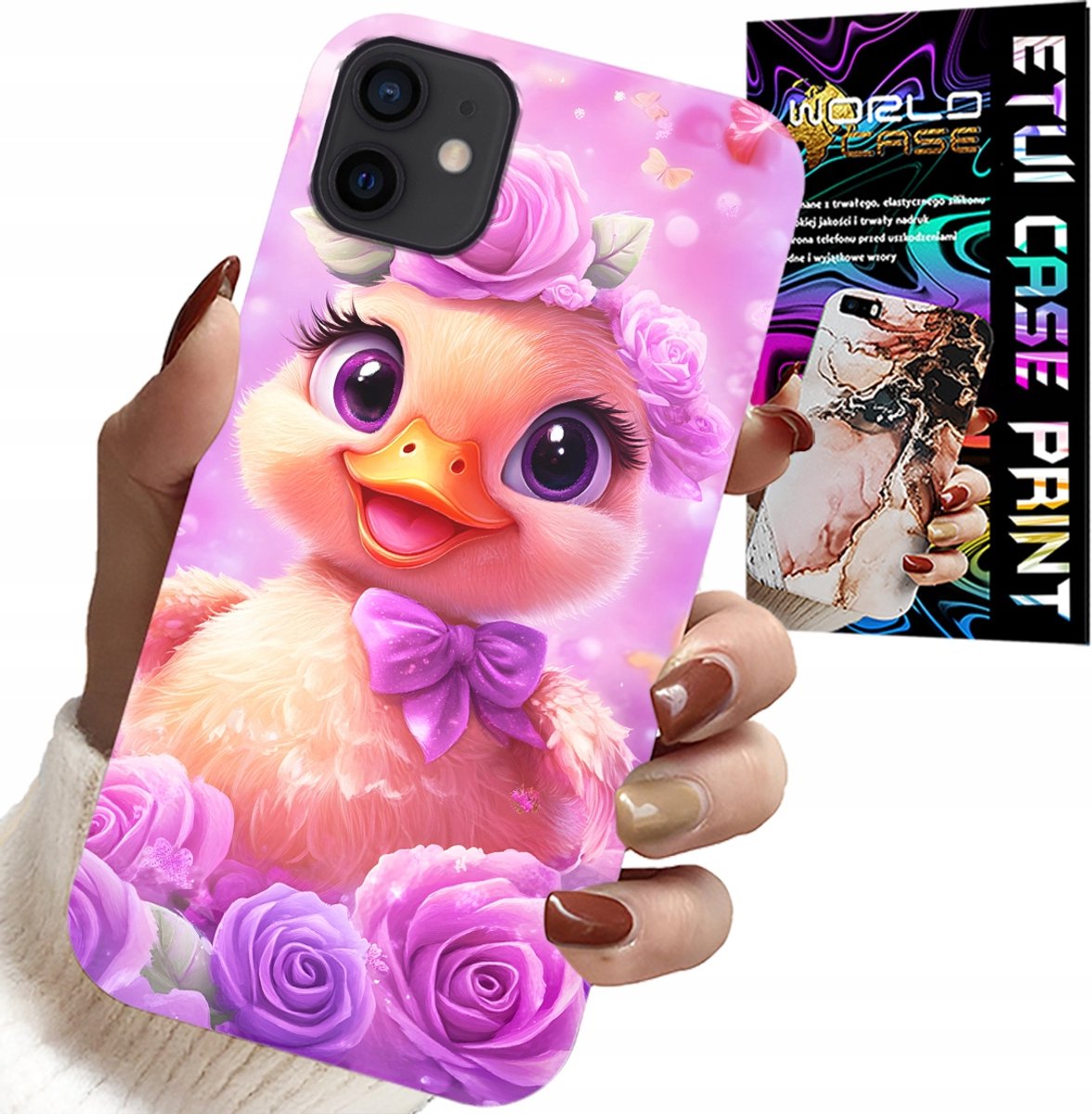 HOESJE VOOR IPHONE 13 MINI - SCHATTIG EENDJE OP EEN ROZE ACHTERGROND