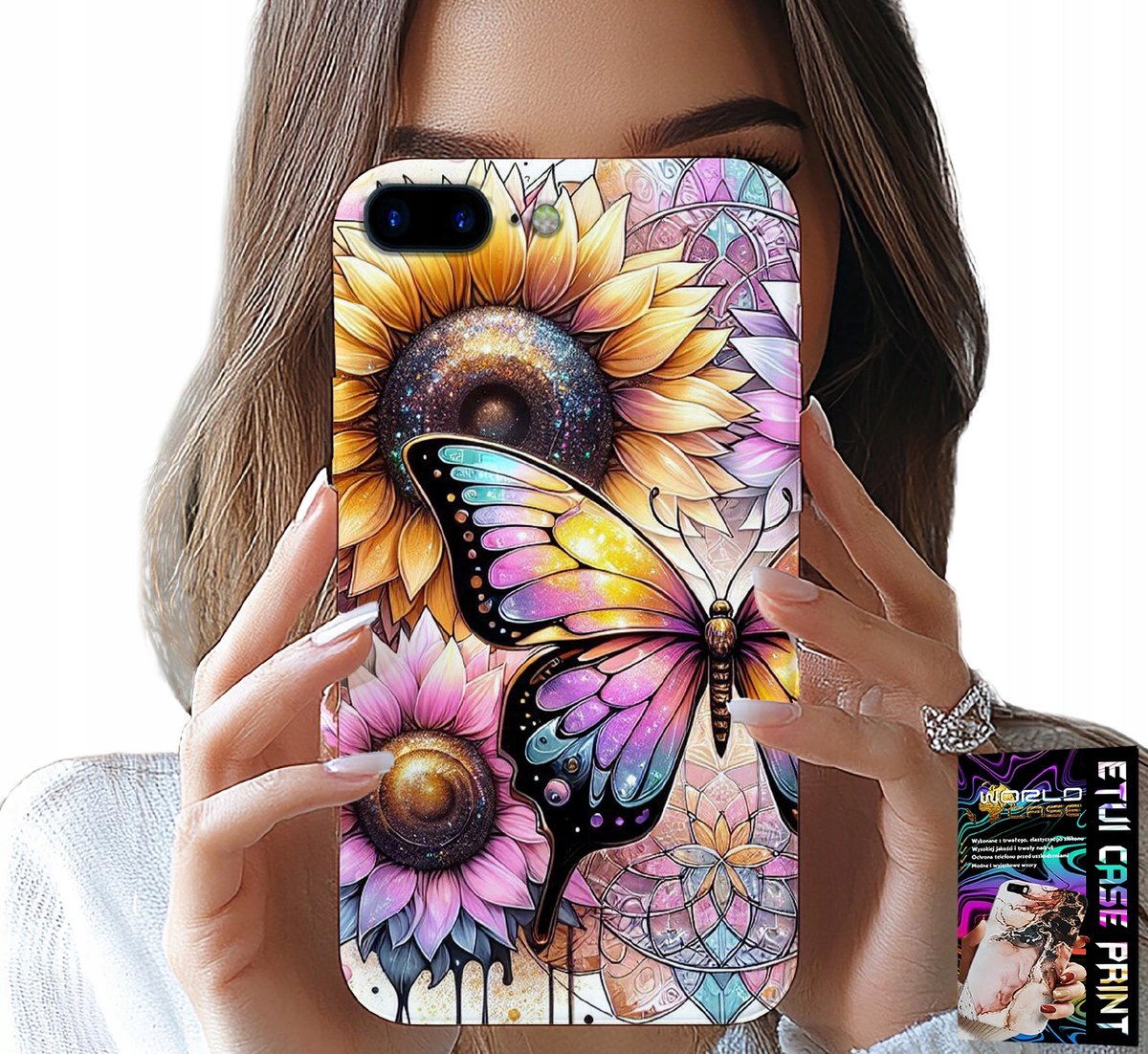 Hoesje voor iPhone (7 Plus) - Zonnebloem met vlinder, hoesje + folie