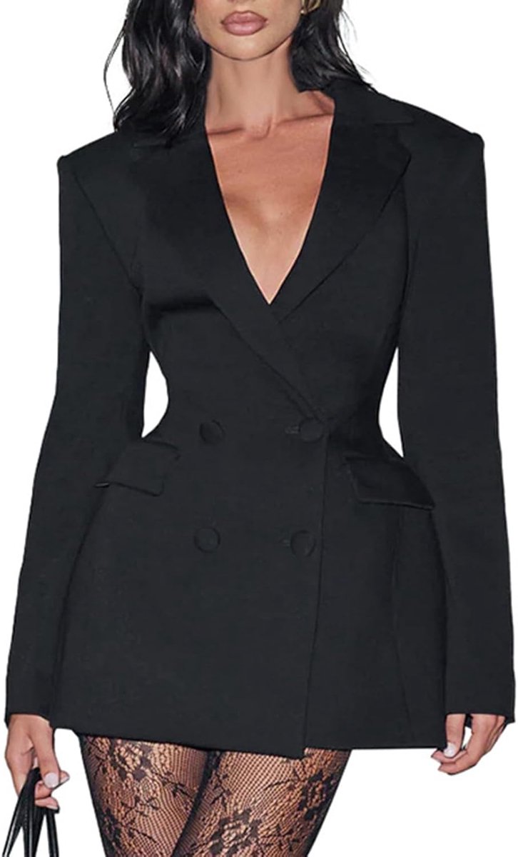 Dames Blazer Jurk - Elegante Kleding - Feestelijk Gelegenheid - Dubbele Knoopsluiting - XL Maat - Zwart