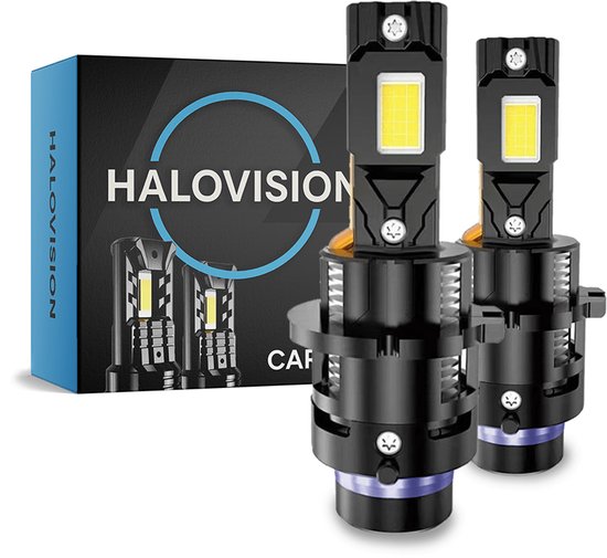 Twee HALOVISION LED-lampen met deels gedemonteerde basis, naast een blauw-zwarte doos.
