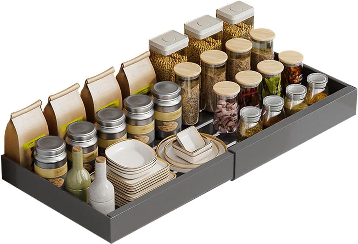 Kast Organizer Plank - Uittrekbare Lade - Keuken Opslag - Geen Ponsmontage - 35x13x13 cm - Grijs