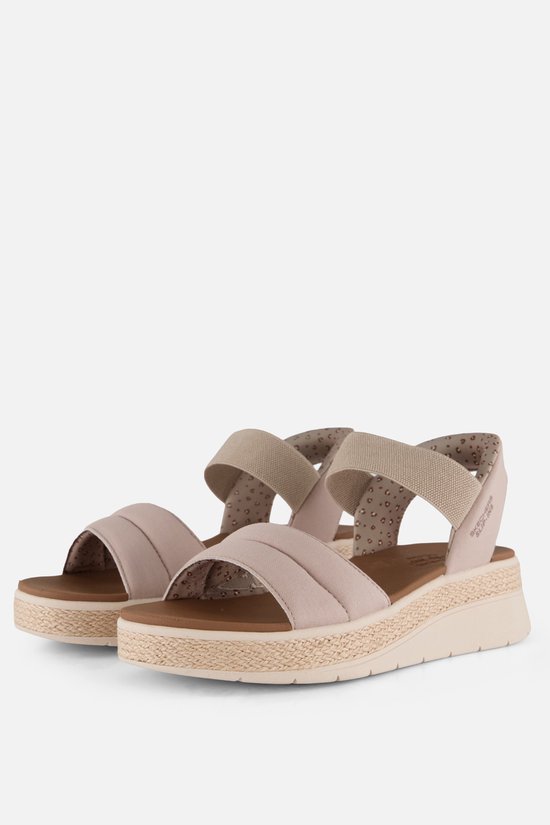 Paire de sandales taupe avec bride à la cheville et brides avant matelassées. Semelle espadrille.