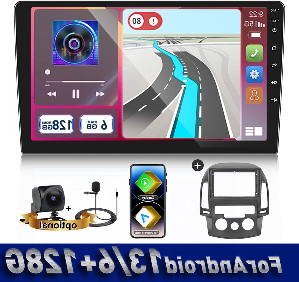 Autoradio – Auto Radio – Multimediaspeler – MP5 Speler – 9" HD Touchscreen – Wireless CarPlay & Android Auto – 6GB RAM 128GB Opslag – GPS & Wifi