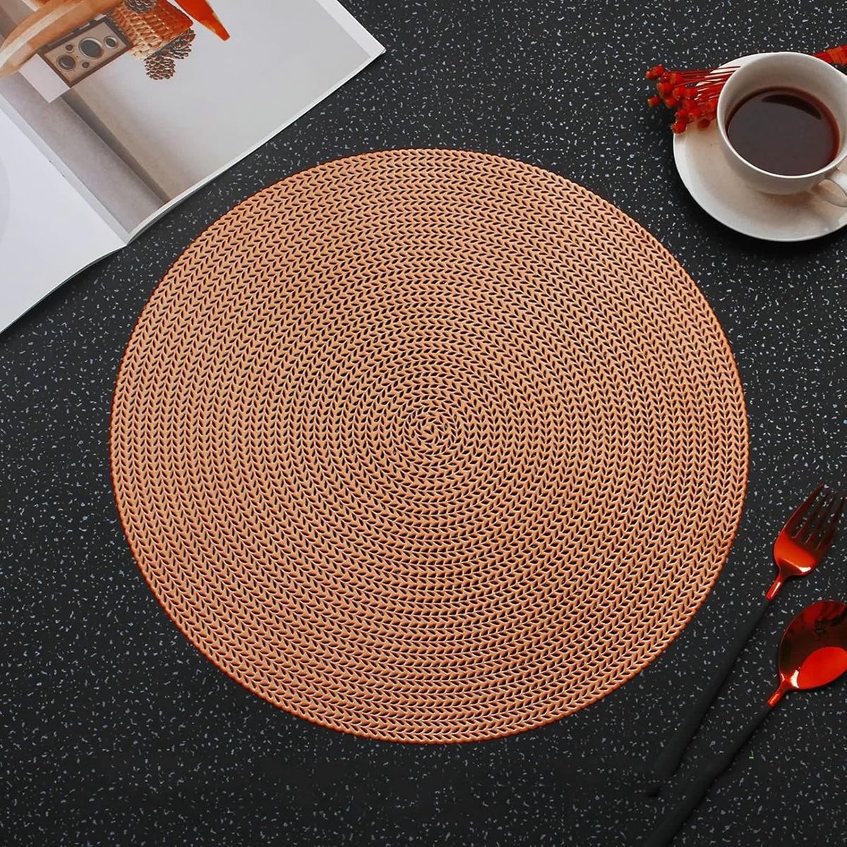 Ronde placemats - Tafelonderleggers - Bescherming tafel - Tarwepatroon design - 38 cm - Brons