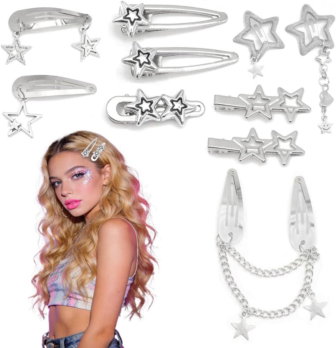 Ster Haarclips - Y2K Accessoires - Haar Styling - Unieke Vormgeving - 10 Stuks - Zilver