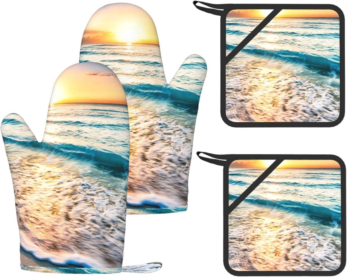 Ovenwanten Set - Hittebestendige Handschoenen - Veilig Grillen - Antislip Siliconen - 28 x 18 cm - Zonsopgang Print