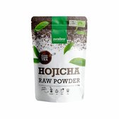 Purasana Hojicha Raw Powder, Super Food Tea. Met groene bladeren en illustraties van toepassingen.