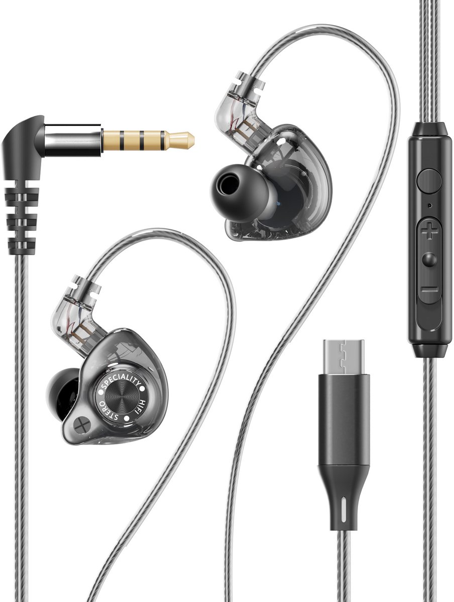 Bedrade In-ear Koptelefoon – HiFi Geluid – Afneembare 2-Pins Kabel – 3g Lichtgewicht – Ingebouwde Microfoon – Type-C / 3,5mm – Voor Muziek en Gaming