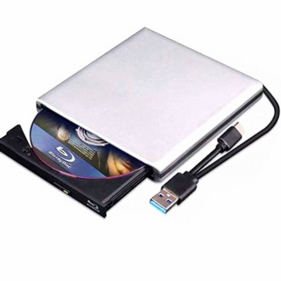 Zilverkleurige externe Blu-ray drive met een CD/DVD met 'Blu-ray Disc' logo, en USB-C kabel.