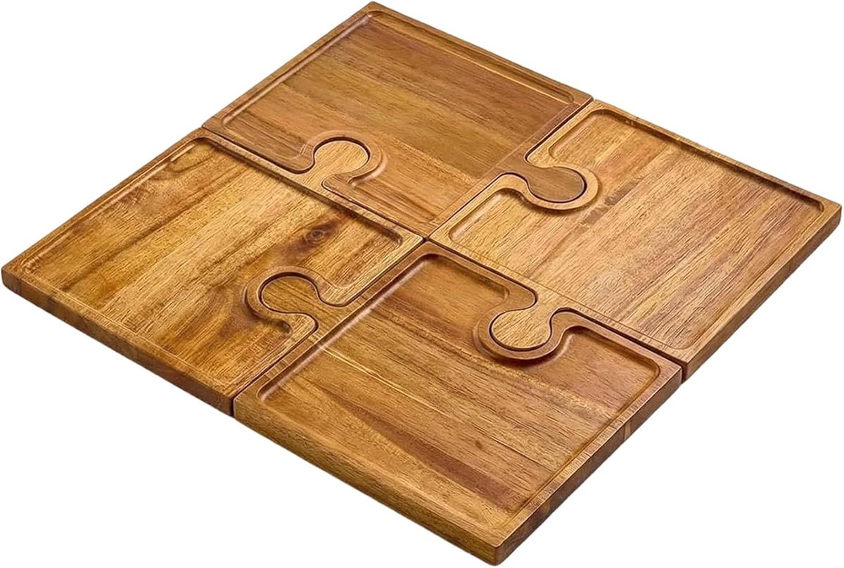 Houten Kaasplank - Dienblad Set - Feestelijk Presenteren - Puzzelvormig Ontwerp - 4 Delig