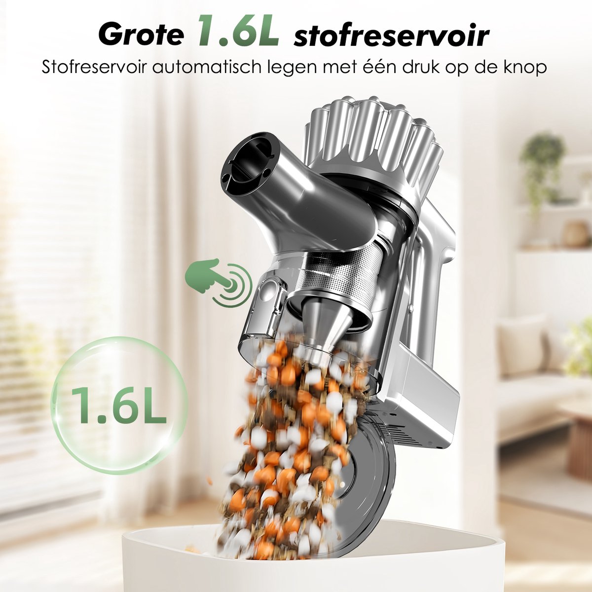 Fukstern Steelstofzuiger Draadloos - 38KPa krachtige zuigkracht - Tot 60 Min Accuduur - 4-voudig HEPA-Filtersysteem - 1,6L Stofreservoir - Anti-Klit Vloerborstel draadloze steelstofzuiger - zilverkleurig – foto 4