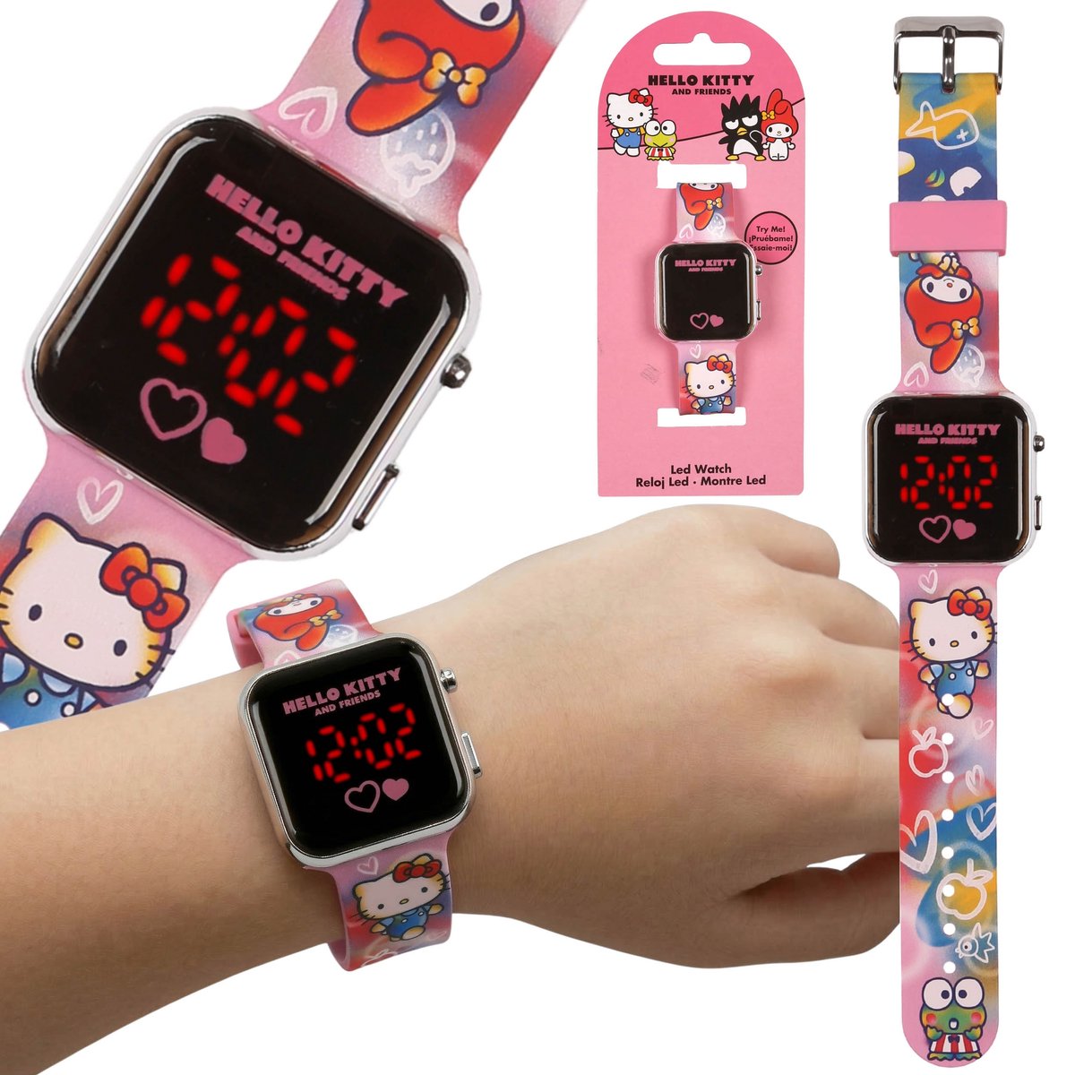 Hello Kitty and Friends Roze digitaal horloge, LED-polshorloge voor meisjes, met datum en tijd