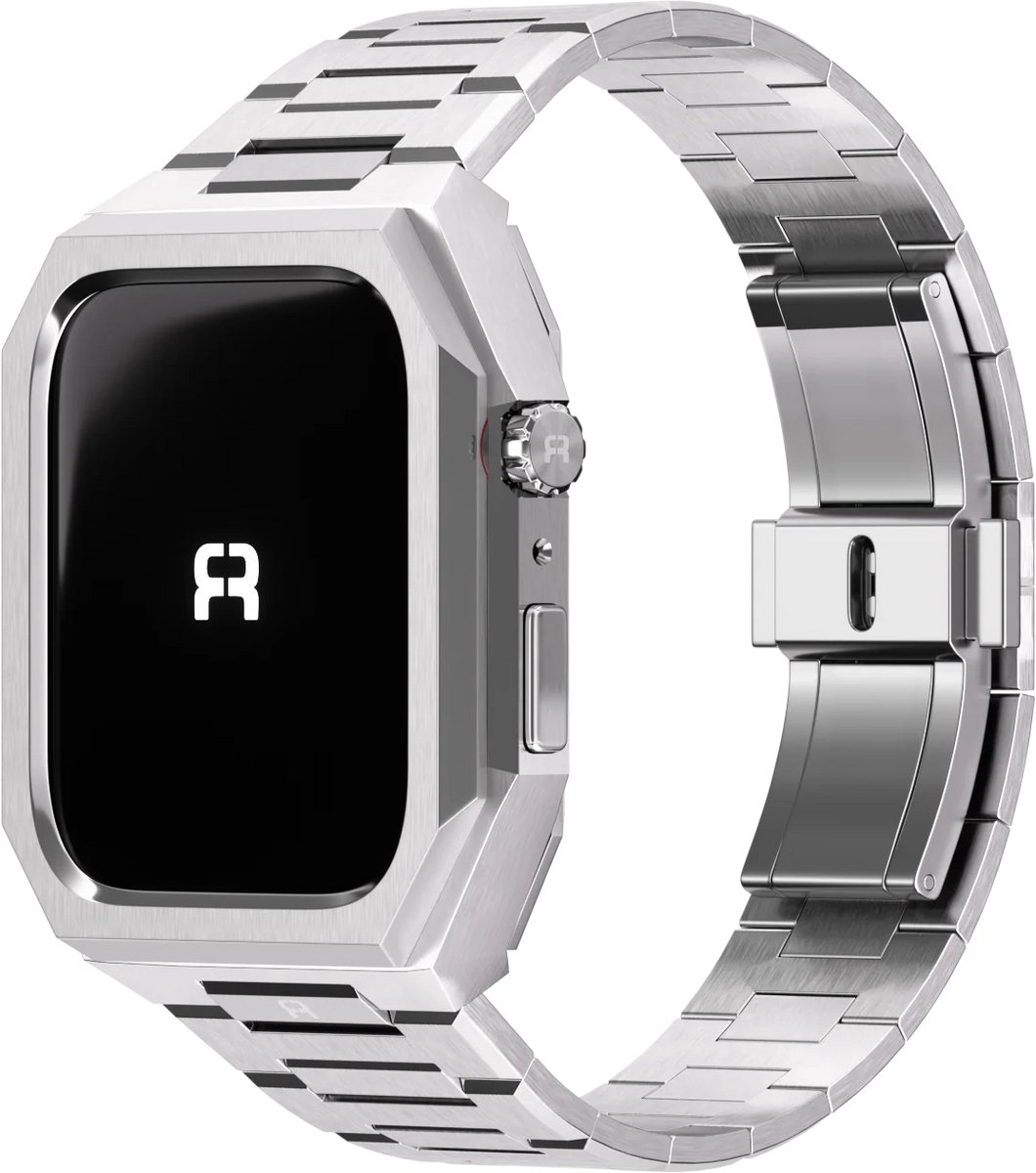 Reqior Case met stalen bandje Givoni RVS – geschikt voor Apple Watch 7 45mm / Apple Watch 8 45mm / Apple Watch 9 45mm – luxe, stevig – Silver