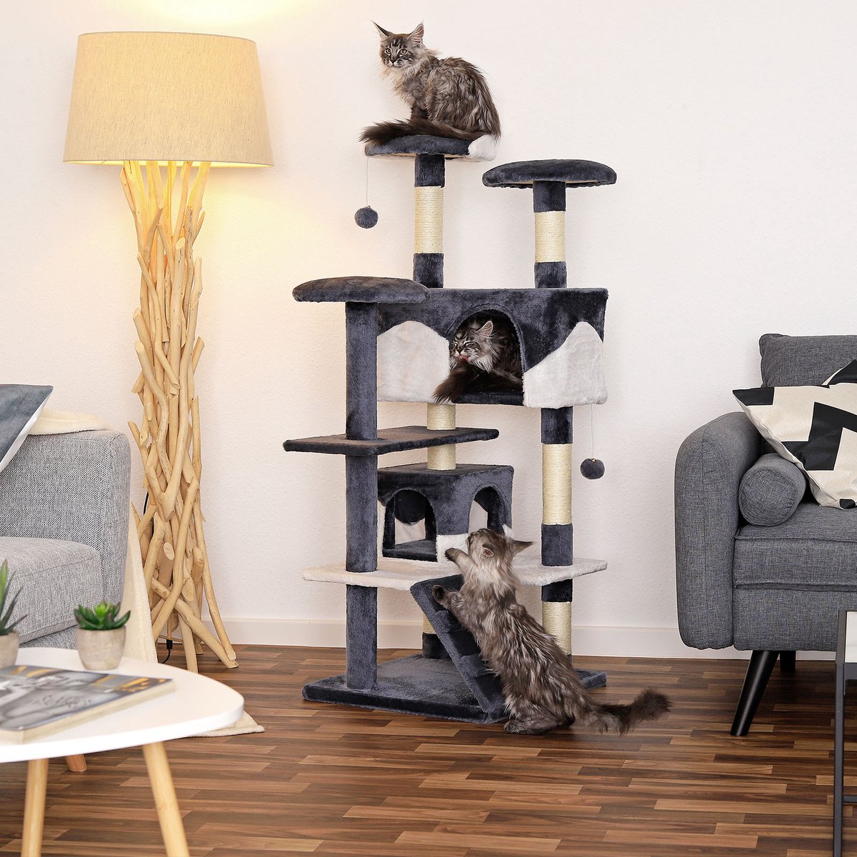 lionto Kattenkrabpaal 130 cm groot, met trap, grot & speelballen, grijs/wit thumbnail 7
