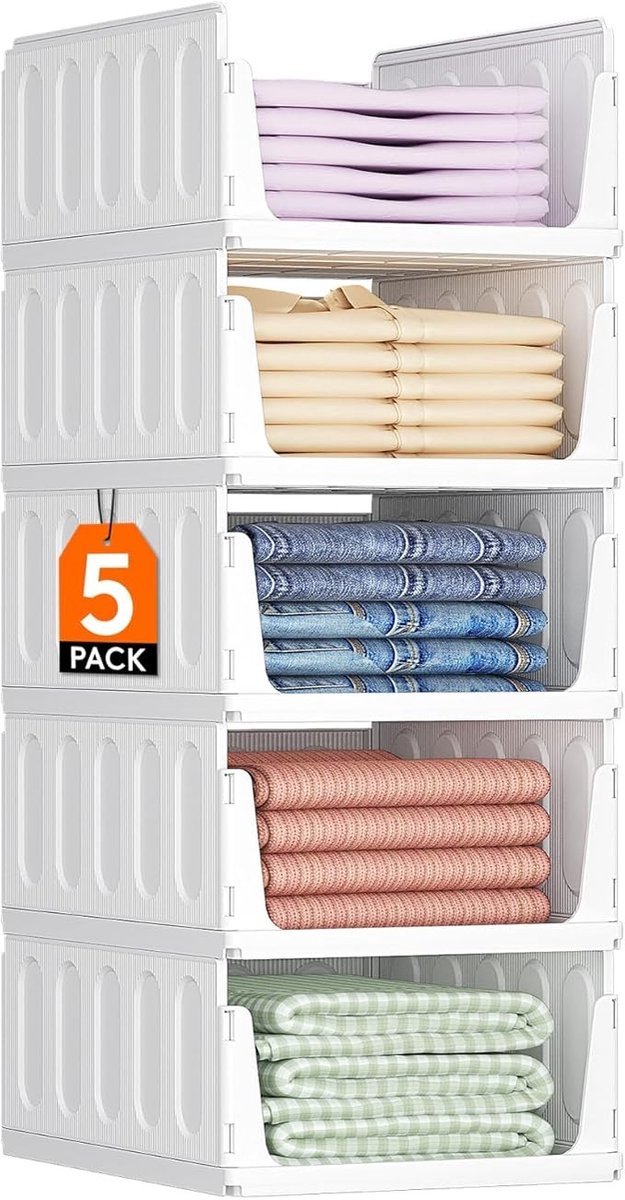 Stapelbare Opbergbakken Set van 5, Ruimtebesparende Organizer met Schuiflades voor Kast