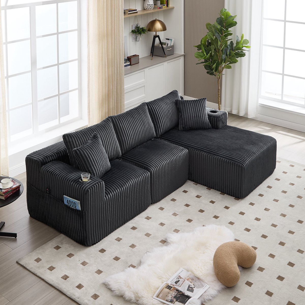 Wishdor - Modulaire Hoekbank - Met Chaise Longue, Opbergvakken En Bekerhouders - Ribstof -