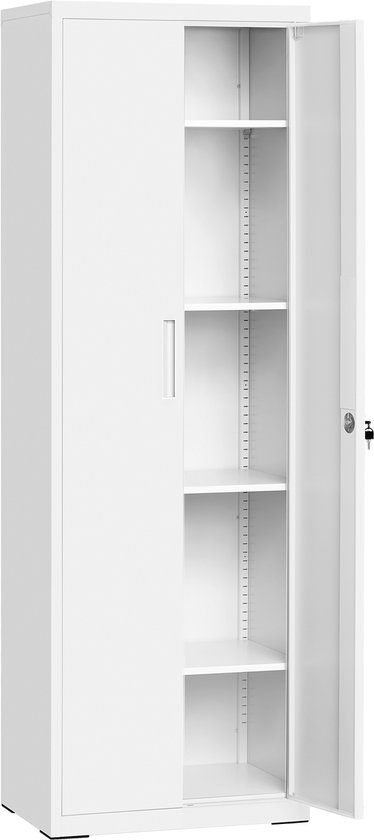 Witte archiefkast met één deur open, met 5 lege planken. Op witte achtergrond.