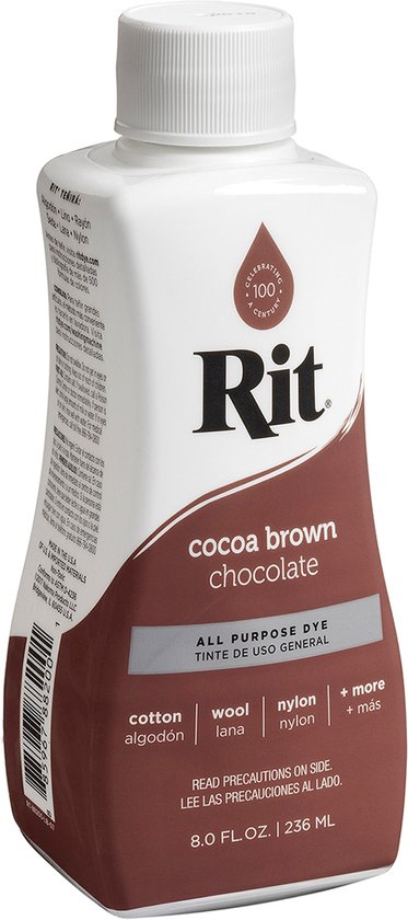 Fles Rit Cacao Bruine kleurstof, met de tekst 'cocoa brown chocolate' en 'all purpose dye'.