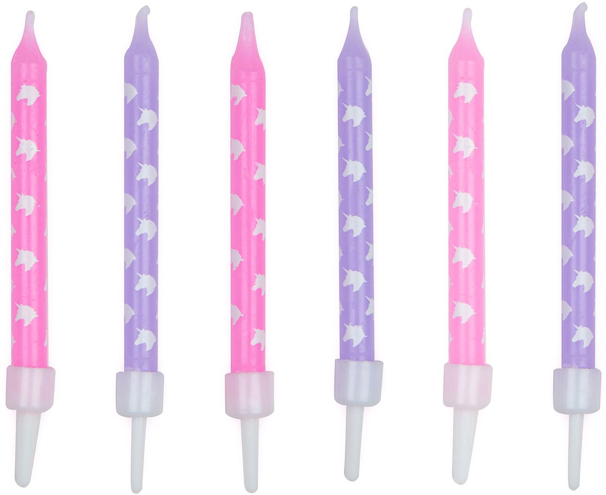 ANNIVERSARY HOUSE - 12 roze en paarse eenhoorn verjaardagskaarsen 7,5 cm met houders