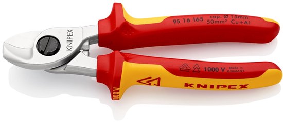Knipex kabelschaar met rode en gele handvatten, 1000V, Made in Germany.