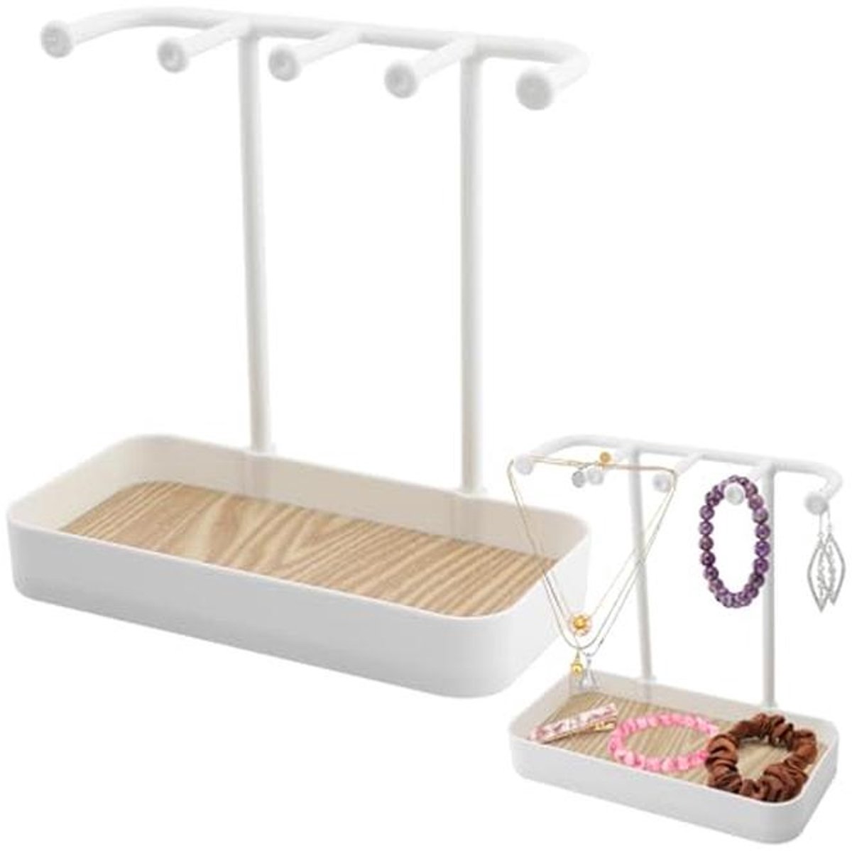 Sieraden Organizer Stand met Houten Dienblad en 5 Haken – Perfect voor Kettingen, Armbanden, Oorbellen en Ringen
