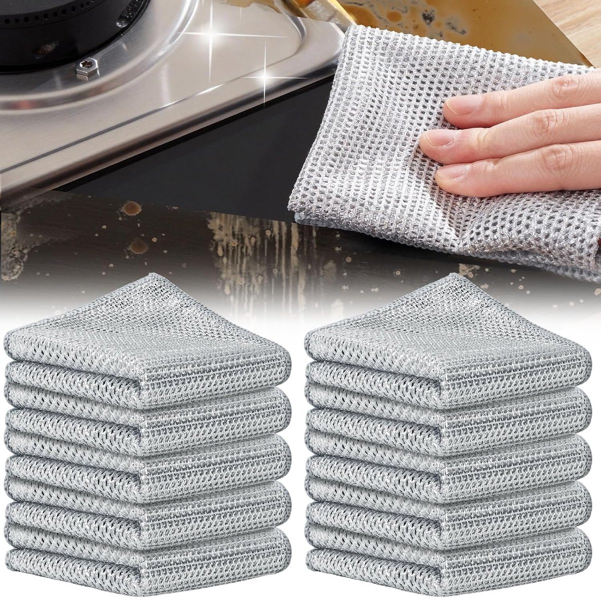 Verpakking van 10 multifunctionele metalen schoonmaakdoeken, dubbellaags krasbestendig staaldraaddoek, geschikt voor het afwassen, schoonmaken van fornuizen, enz.