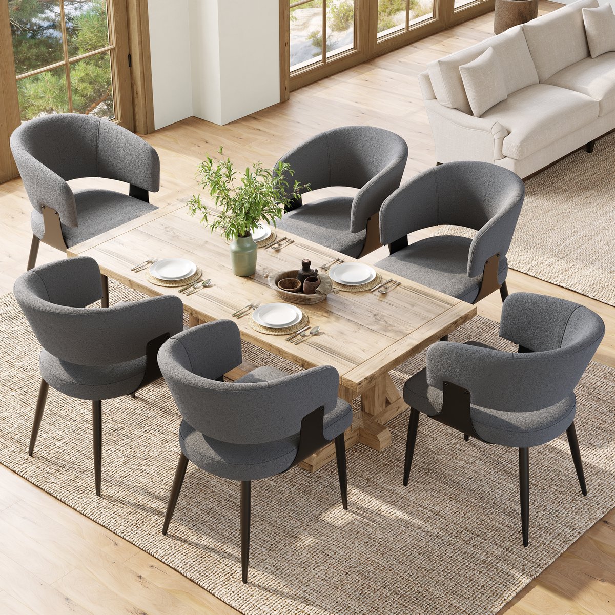 HAUSS SPOLE Eetkamerstoel 59 X 46,5 X 81,5 Cm - Set Van 6 - Ergonomische Gebogen Rugleuning - Verstelbare Voetjes - Stof En Metaal - Grijs