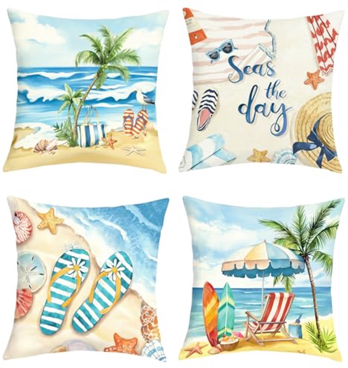 Ultiluxe® Kussenhoezen - 4 Stuks - Sierkussenslopen - Decoratieve Kussenhoes - 45 x 45 cm - Polyester Linnen - Strand Palm Print - Blauw/Groen/Beige