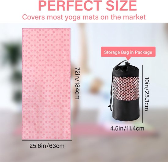 Yogamathoes - Yogamat - Fitness mat - Sport mat - Yogamat handdoek - Yogahanddoek - Sporthanddoeken - antislip - met mesh draagtas - sneldrogende - draagbare - ademende yogamat handdoek - voor fitnesstraining, pilates en fitness - 183*63 cm - roze van Merkloos — afbeelding 5