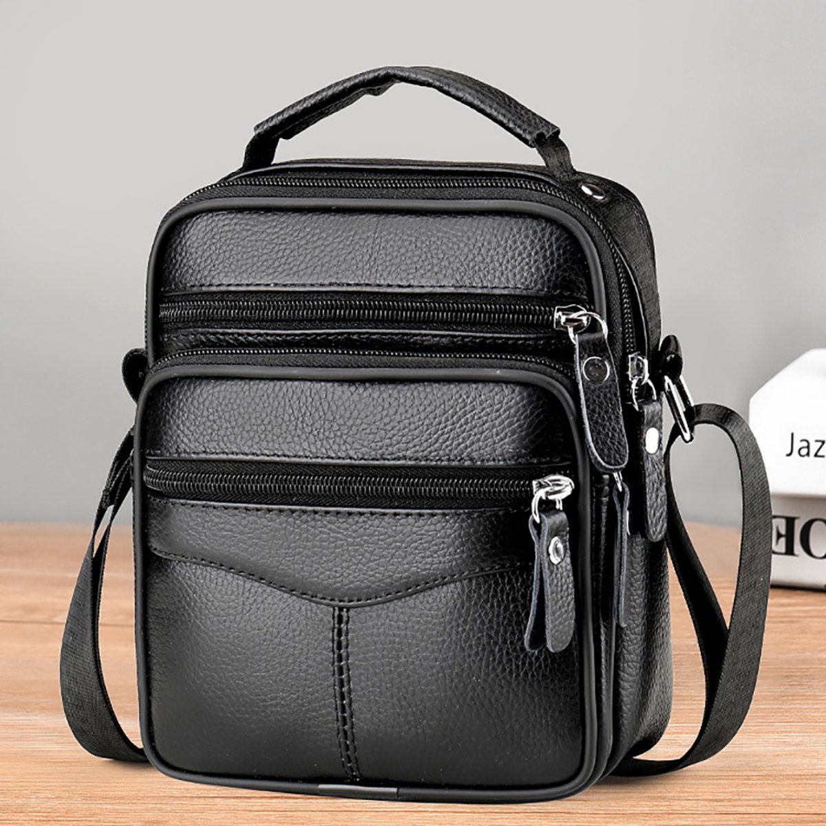 longziming -Zwarte Leren Schoudertas & Handtas – Waterdicht – Verstelbare Schouderriem – Casual & Elegant