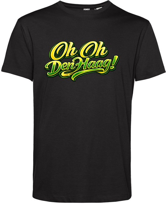Zwart Vundy t-shirt met gele en groene tekst "Oh Oh Den Haag!".