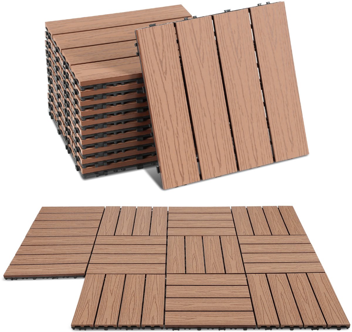 88 Stuks Terrastegels WPC Vlondertegels - 30 x 30 cm 8 m² in reliëf Houtlook - WPC Composiet Kunststof - Makkelijke en Snelle Montage - Balkontegels - Vlondertegel Set - Onderhoudsvrij - Tuin, Balkontegels - Terrasplanken - Bruin