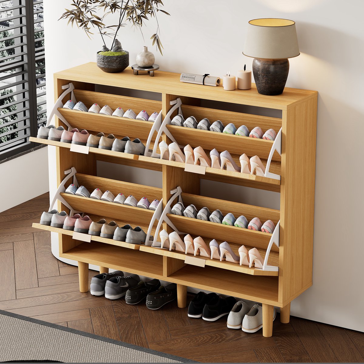 HAUSS SPOLE Schoenenkast - Rotan Front Met 4 Kleplades - Smal Model Voor Hal En Slaapkamer - Spaanplaat - Licht Eiken - 100x25x90 Cm Beige
