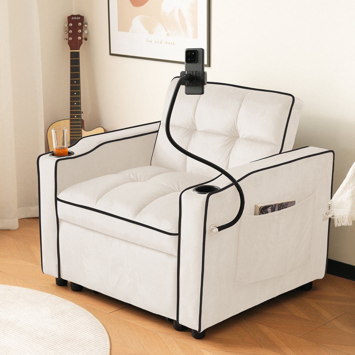 HAUSS SPOLE Slaapbank 83 X 167 X 76 Cm - 3 In 1 Uittrekbaar Met Bekerhouders & Telefoonhouder - Voor Kleine Ruimtes - Fluweel Beige