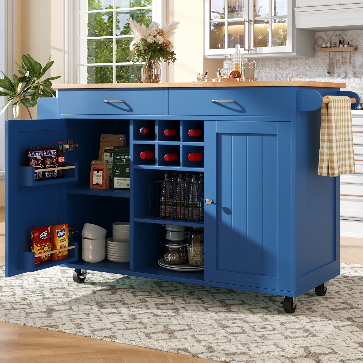 HAUSS SPOLE Keukeneiland - Verrijdbare Opbergkast Met Verstelbare Vakken En Wijnrek - Voor Keuken En Eetkamer - MDF Metaal - Blauw - 102x45x92 Cm