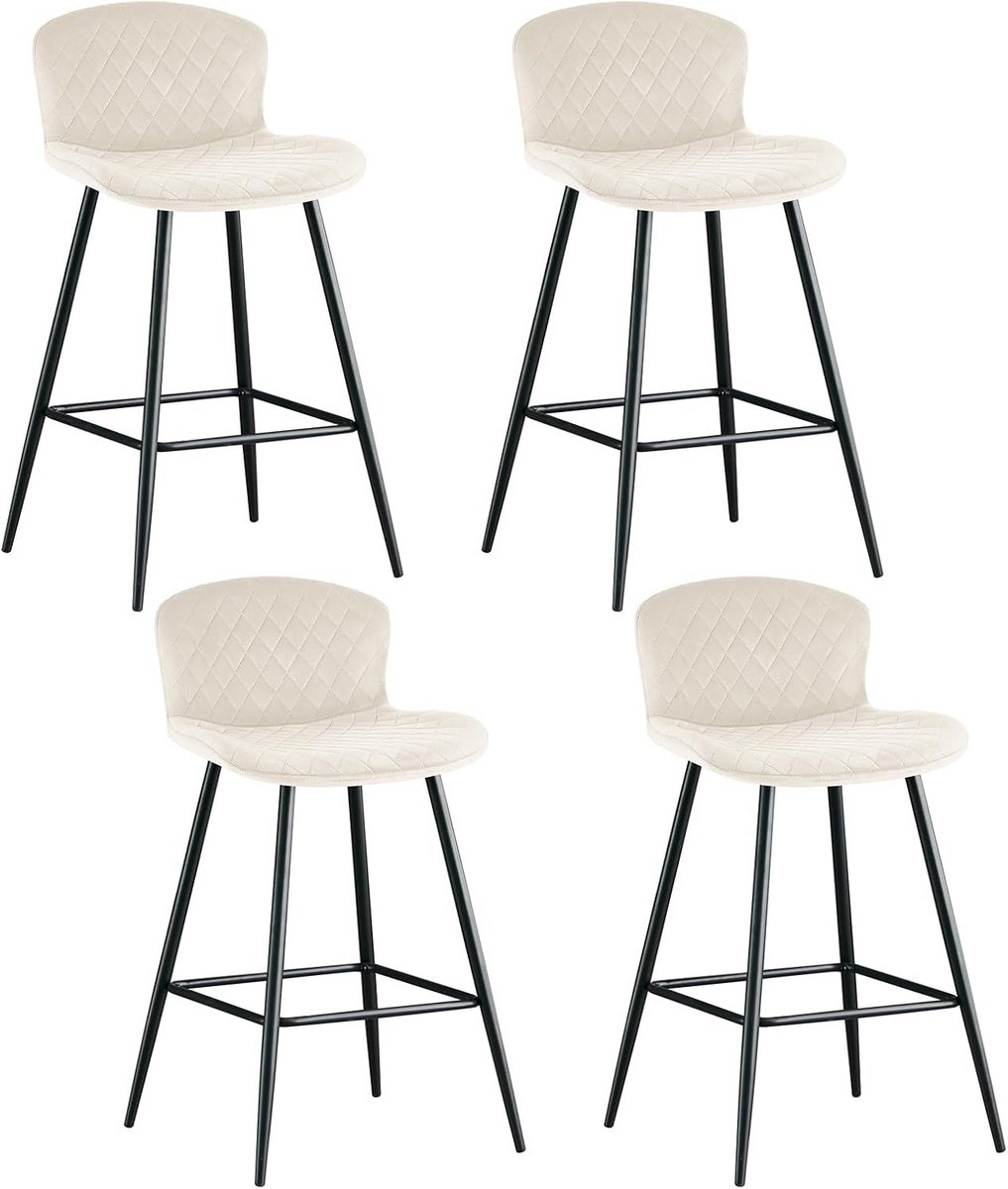 Set van 4 Beige FluWelen Barkrukken met Rugleuning en Voetensteun