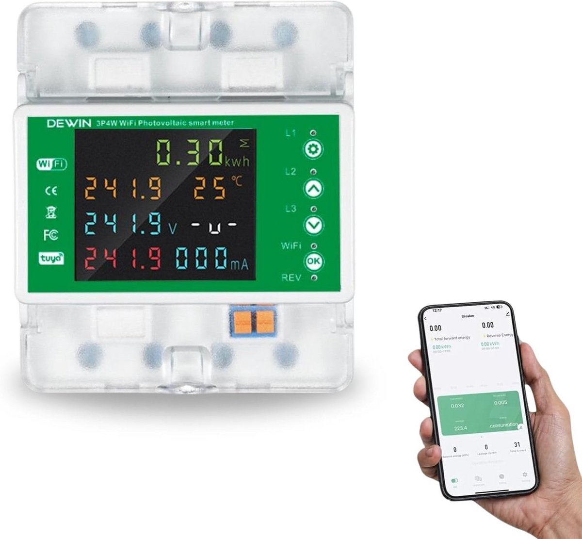 Driefasige Wifi Stroommeter 100A - Slimme Energiemeter met Tuya App en Beveiliging