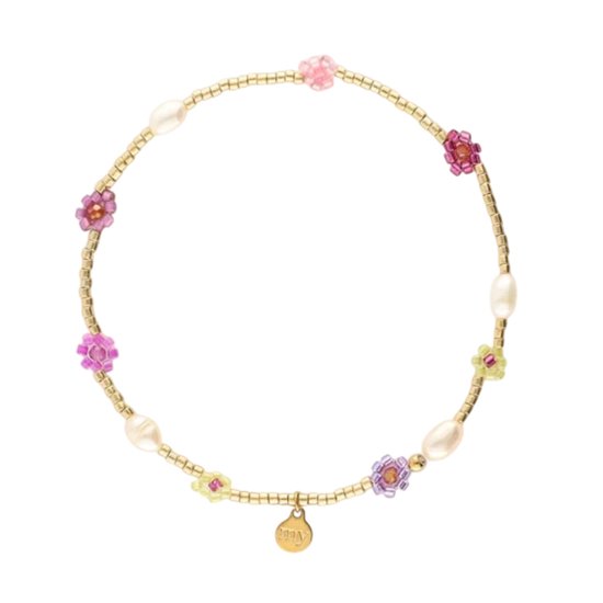 Sunrocks Elastieken Armband met Roze Bloemen en Zoetwaterparels - My Jewellery - Armband