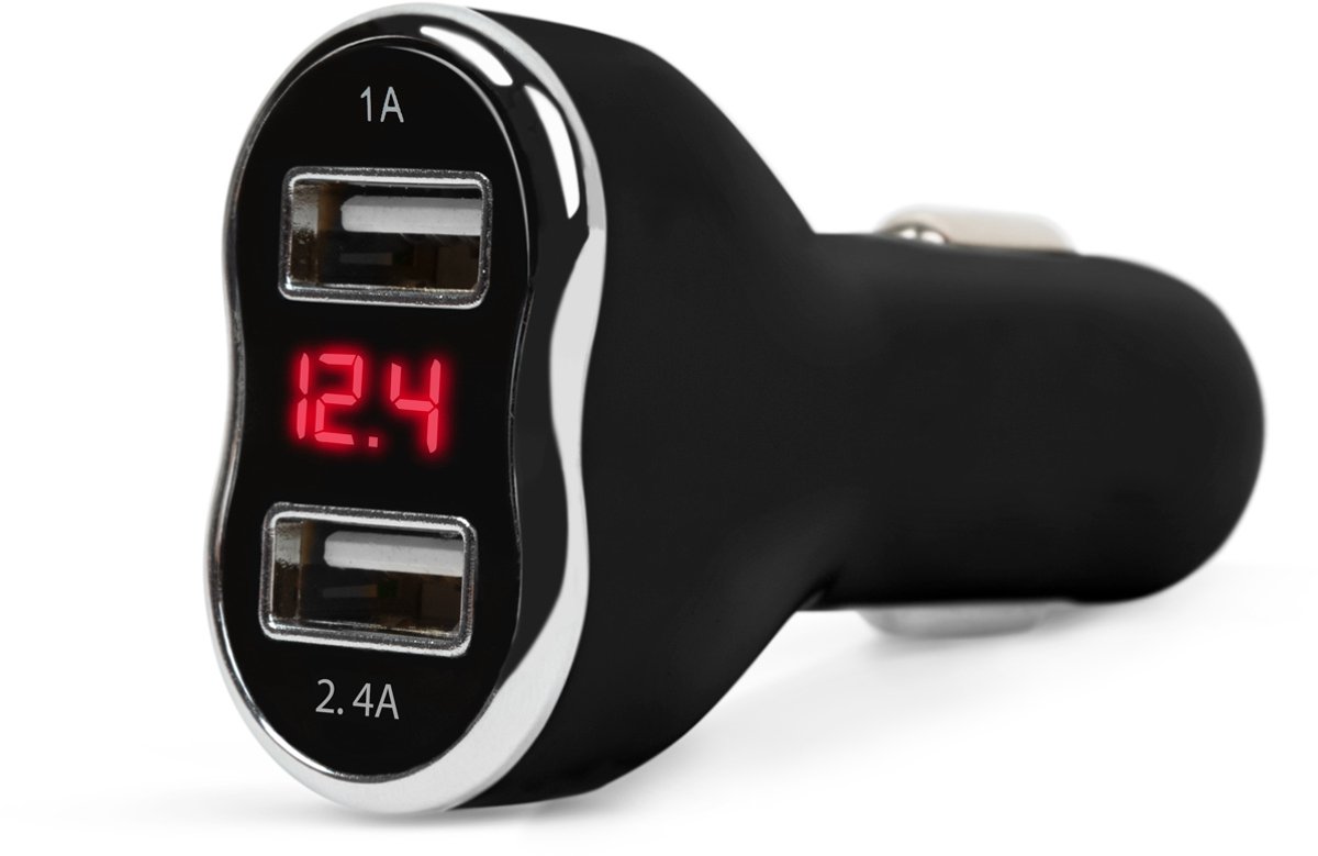 Autolader sigarettenaansteker - 2x USB (2,4A + 1A) met voltmeter & ampèremeter - LED-display - 12-24V - zwart - laadindicator voor autoaccu [55055BK]