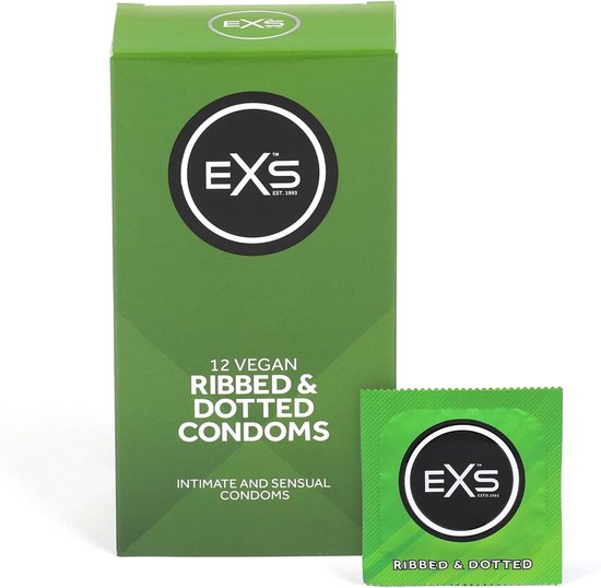 Groene doos met EXS logo en "12 VEGAN RIBBED & DOTTED CONDOMS" tekst, met een enkele condoomverpakking ernaast.