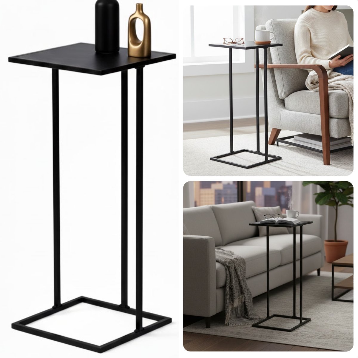Cheqo Bijzettafel - Zwarte Bijzettafel - Sidetable - Zwarte Sidetable - Banktafel - Zwarte Banktafel - Eindtafel - Nachtkastje - Zwart Nachtkastje - Bedtafel - Laptoptafel - Laptoptafel Voor Bank - Plantentafel - Plantenstandaard - Zuil Tafel Overig
