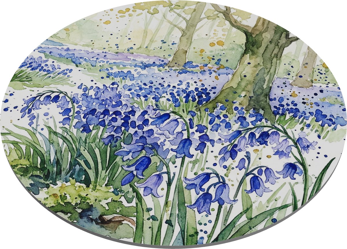 Ronde Muismat Aquarel Series - Blauwe Boshyacinten in het Bos Print - Lente Natuur Schildering voor Kantoor en Thuiswerkplek - Uniek Bureau Accessoire Cadeau voor haar: Vriendin & Collega - Decoratieve Computer Muis Mat voor Laptop