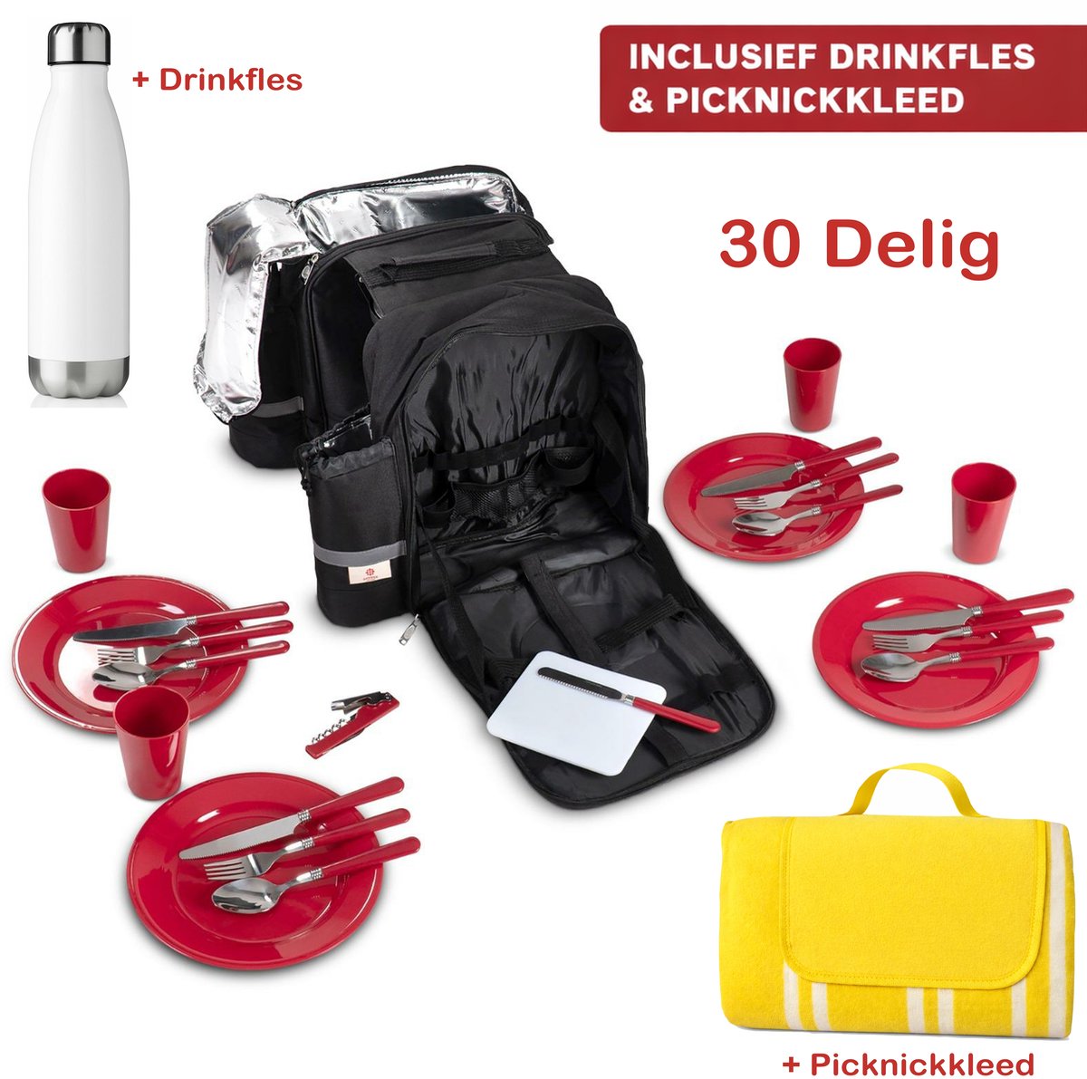 Picknick Fietstas met Servies & Koelvak – Inclusief Picknickkleed 140x180 cm en RVS Thermosfles 510 ml – Complete Picknickset voor Fiets – 4 Personen