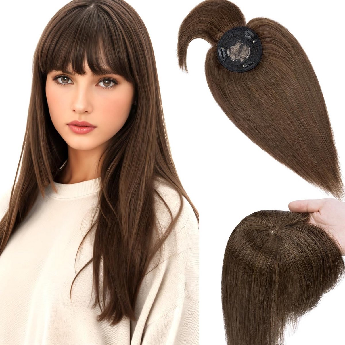 Haarstuk Echt Haar 45 cm Middenbruin Clip-in Toupet met Lange Pony