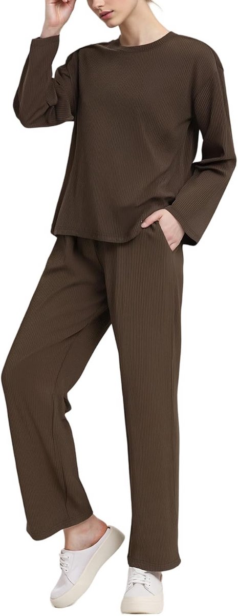 Comfortabele Tweedelige Pyjama Set voor Dames - Ribgebreid Huispak